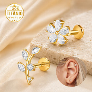 Piercing Labret em Titânio com Zircônia Flor e Folha para Hélix, Tragus, Conch, Nariz e Medusa