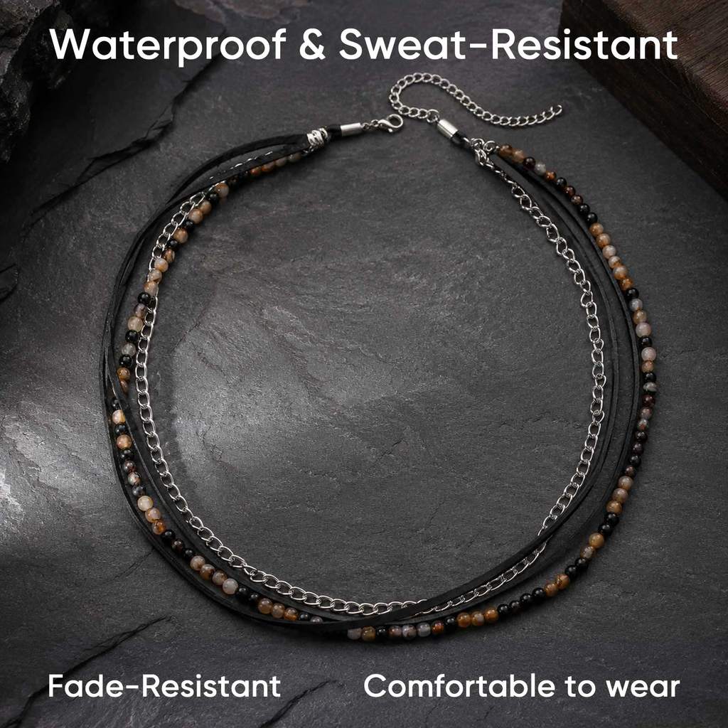Gargantilha Masculina Vnox 3 Em 1 Com Múltiplas Fios, Corrente De Metal Natural, Corda De Couro, Colar Empilhado · foto 2