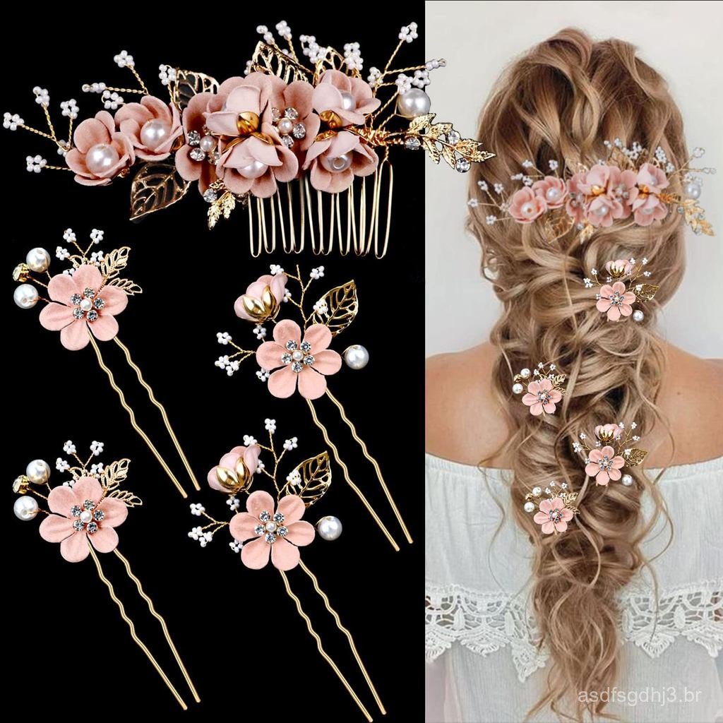 Conjunto de 5 peças de presilhas de cabelo para noivas, pentes de cabelo com cristais e pérolas, presilhas de cabelo, ac