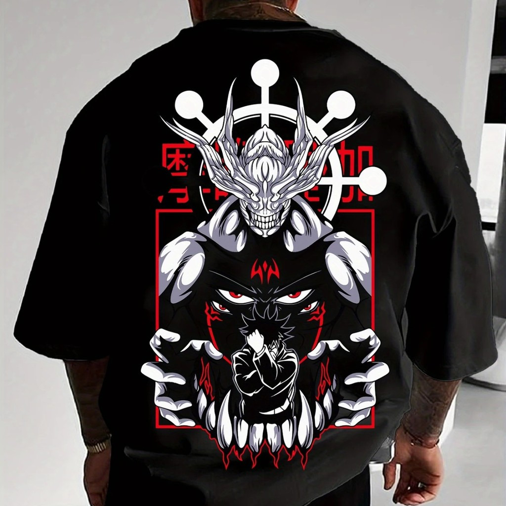 Camiseta Masculina Feminina Oversized Estampa Megumi e Mahoraga Jujutsu Kaisen Camiseta Streetwear Preta Estampa