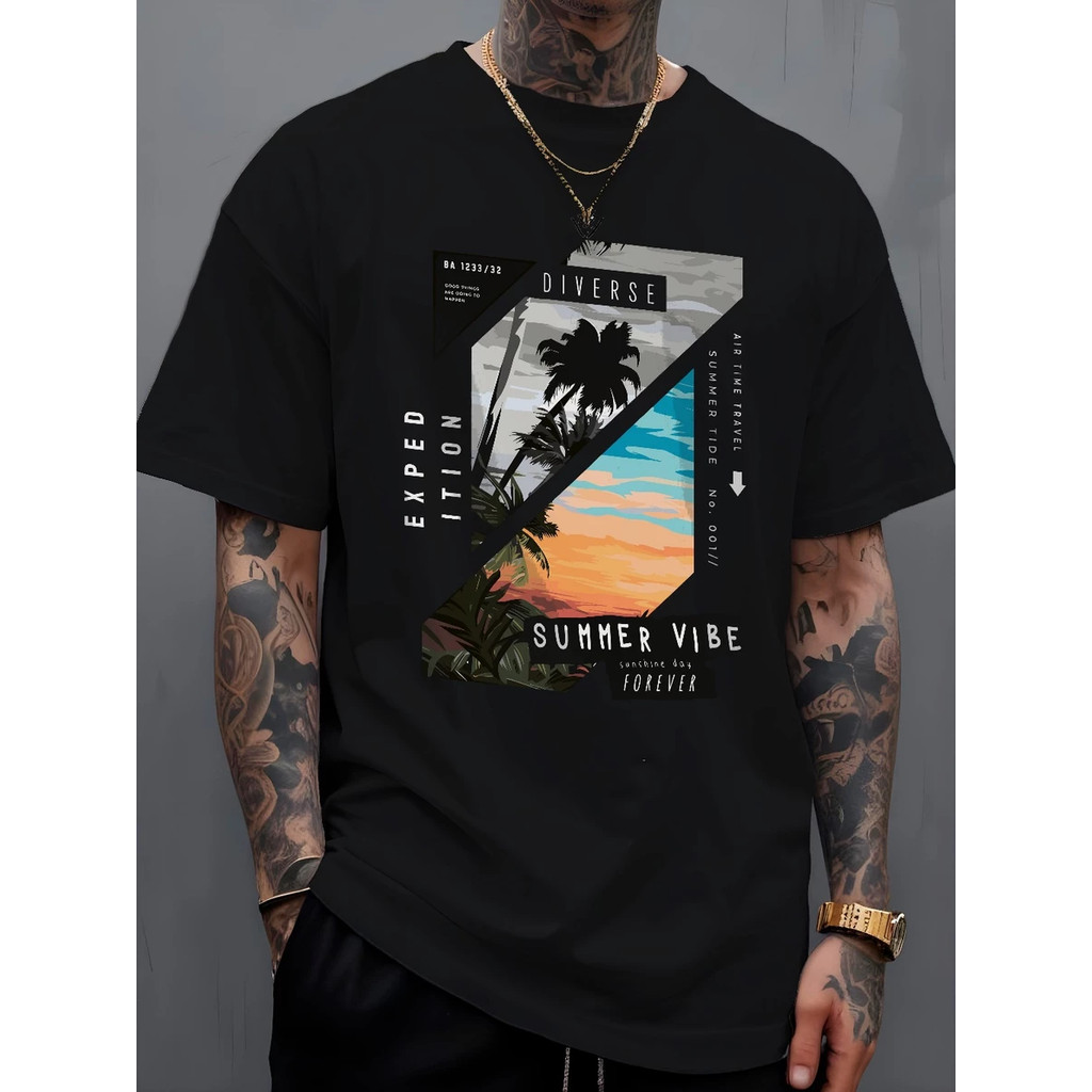 Camiseta Masculina Oversized Algodão Estampa Paisagem Praia Verão Camiseta Casual Streetwear Confortável