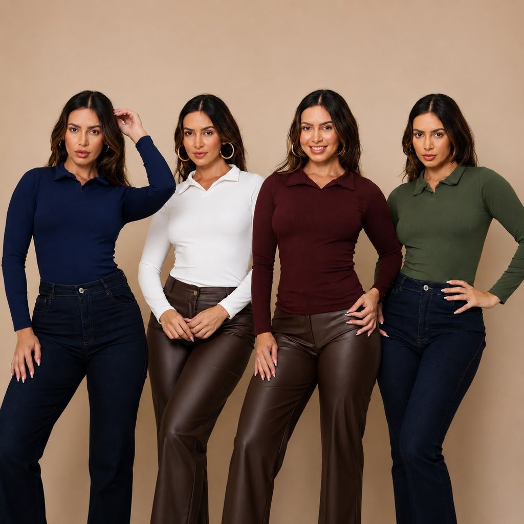 Blusa Polo Canelada Manga Longa Básica Elegante Ribana Tamanho P - M - G