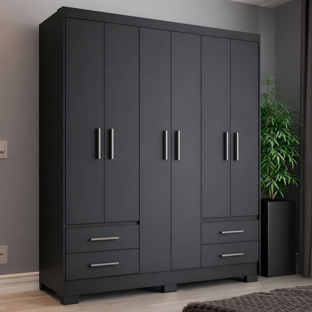 Guarda Roupa Casal 6 Portas 4 Gavetas Primacy Preto/Black Preto