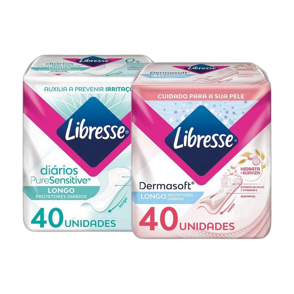 Kit Protetor Diário Libresse Pure Sensitive Longo 40 Unidades + Dermasoft 40 Unidades