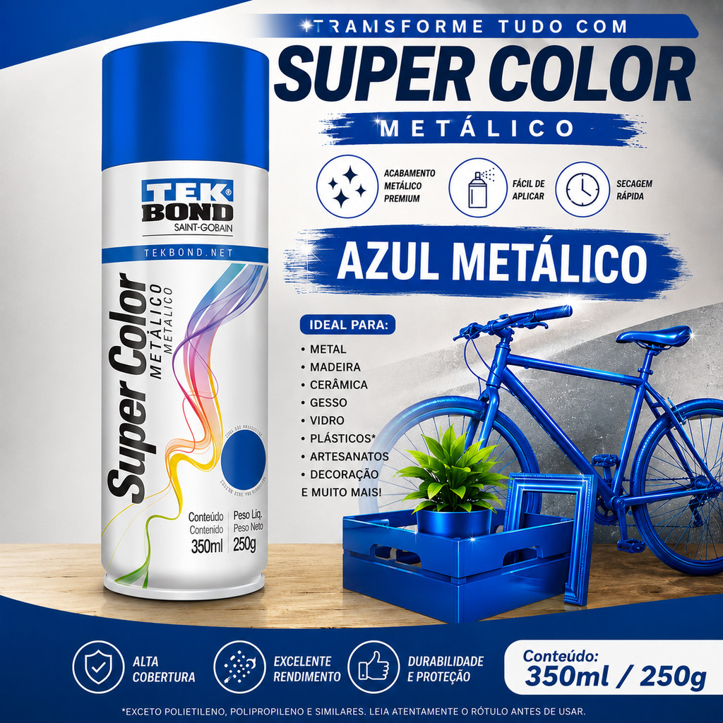 Tinta Spray Aerossol Tekbond Metálica Super Color Azul Metálico 350ml 250g