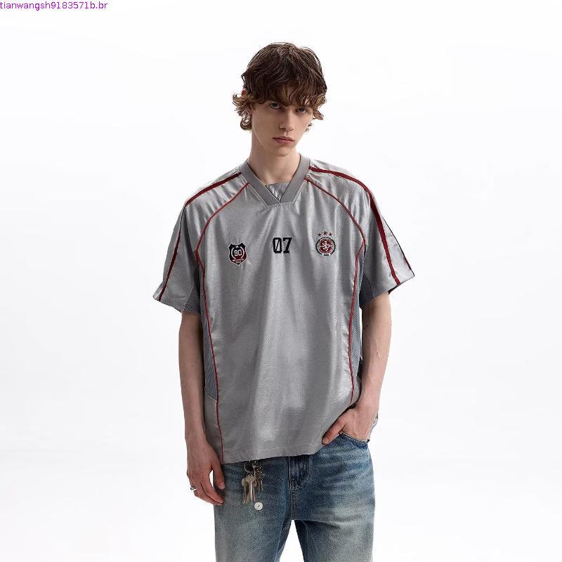 Americano Retro vintage prata cinza csa de manga curta masculino feminino na moda Hip-Hop esportes Casual solto meia