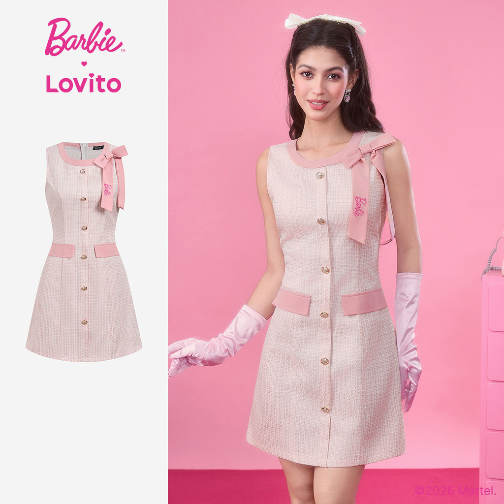 Barbie™ X Lovito Vestido Bordado Elegante Colorblock Rosa Primavera/Verão Femini
