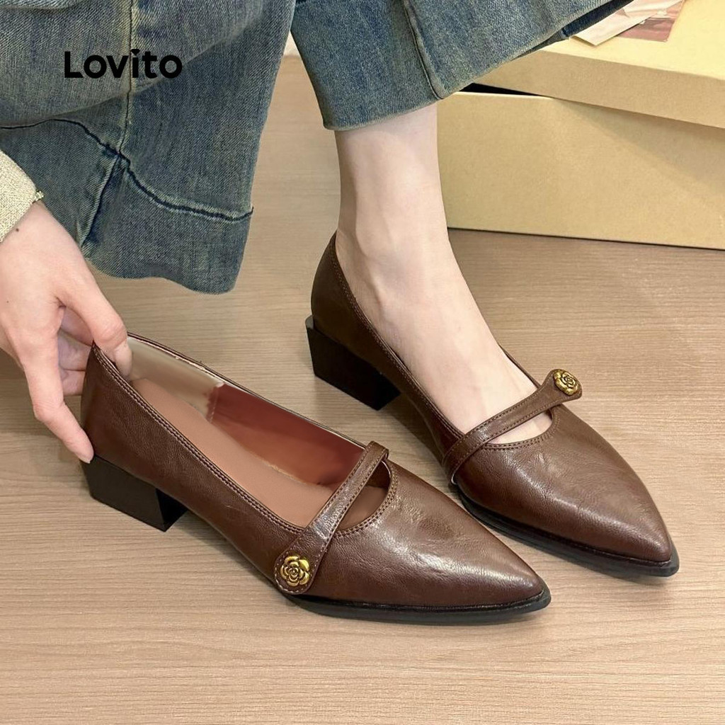 (Trendy)(Elegant) Lovito Sapatos Mocassins Leves De Bico Fino Com Estampa Floral Estilo Francês Para Uso No Escritório Ou No Trabalho Para Mulheres LFA75020