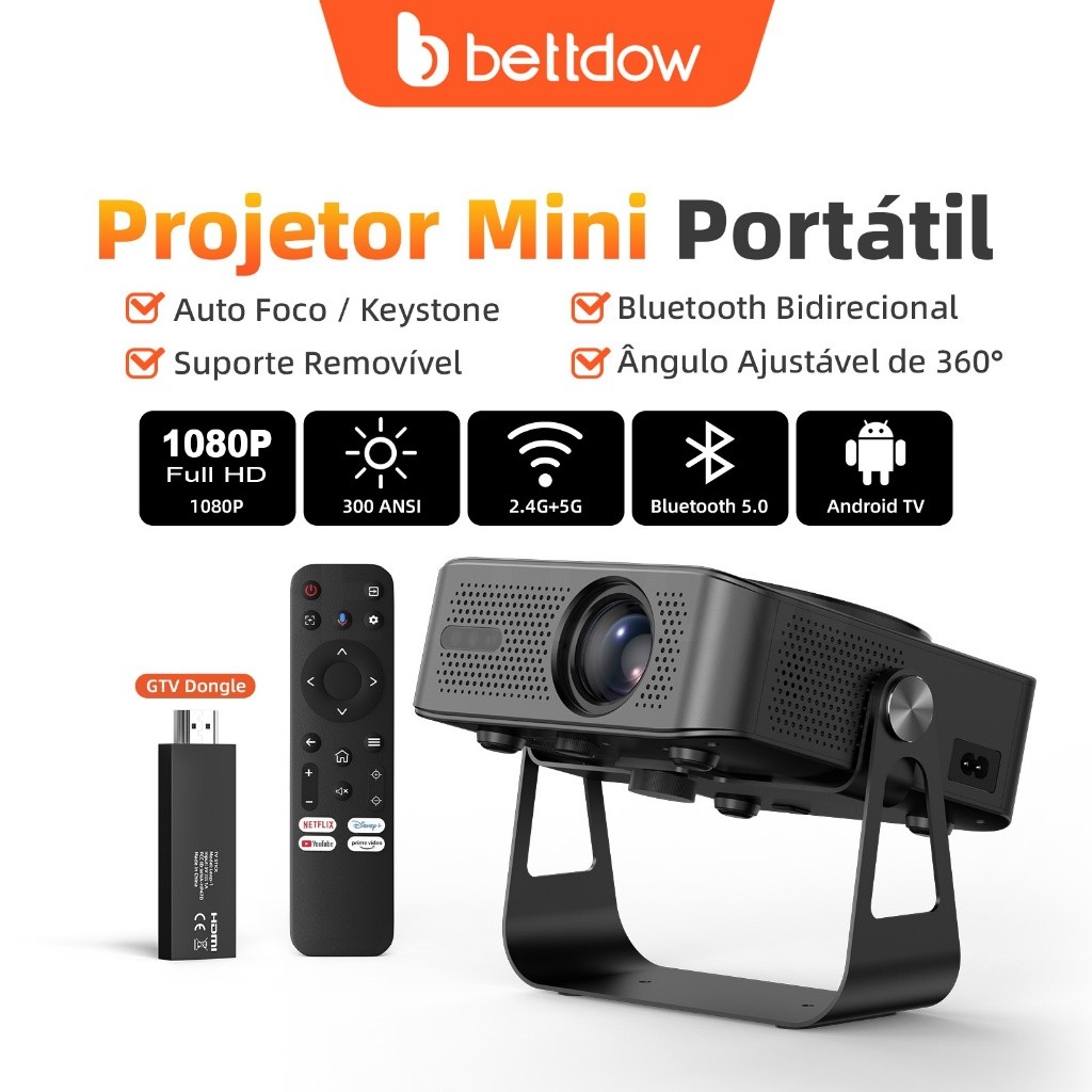 O projetor BETTDOW AC1085 GTV é Android TV Full HD 2K, com calibração automática, Wi-Fi duplo e diversas funcionalidades