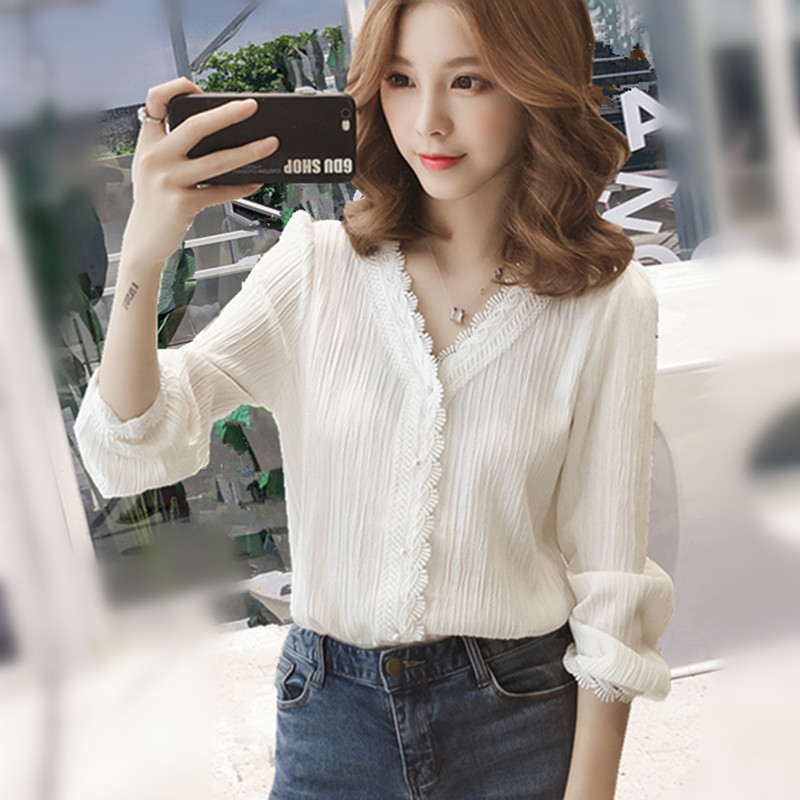 Primavera outono estilo coreano novo estilo renda camisa de manga comprida feminina estilo ocidental Chiffon topo máquin