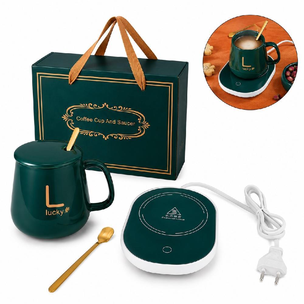 KIT AQUECEDOR ELÉTRICO PARA XÍCARA COM TAMPA COLHER DOURADA MINI COOKTOP CANECA CERÂMICA PARA CHÁ E CAFÉ PORTÁTIL