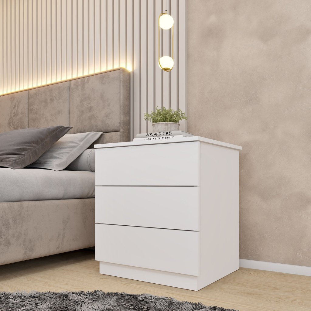 Mesa de Cabeceira 3 Gavetas 45cm Veronna Branco Neve