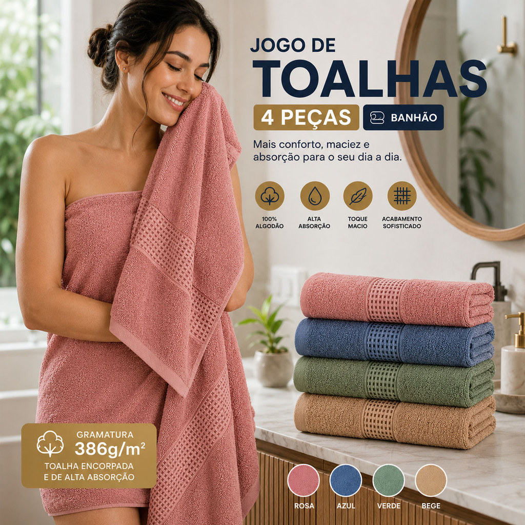 Kit Jogo De Toalhas Banhão Corttex Grossa 4 peças 386g/m2 Algodão Super Absorvente