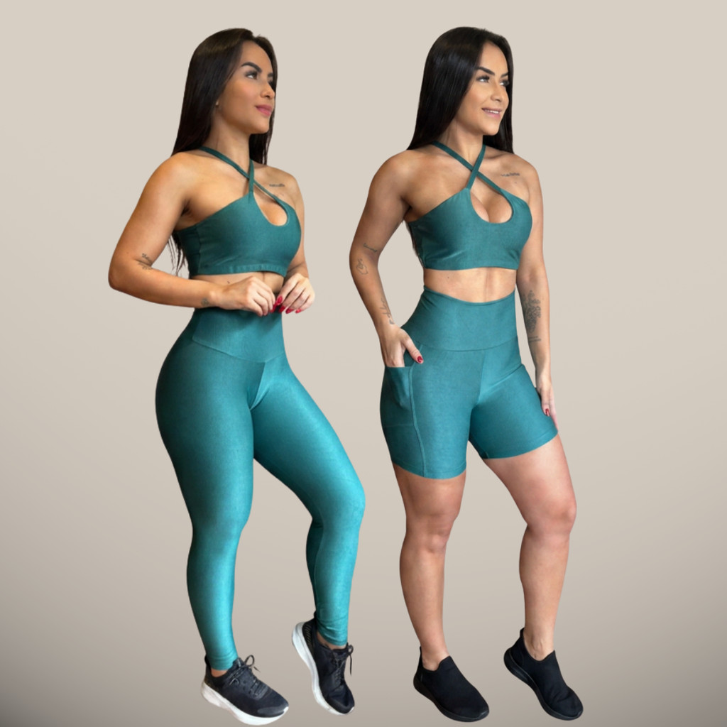 Conjunto de Academia Canelado Trio Top + Short + Calça Legging Roupa Fitness Bermuda Alta Bolso Corrida Ginástica Treino