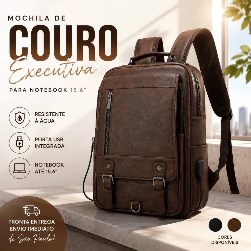 Mochila de Couro Executiva para Notebook 15.6" Resistente à Água