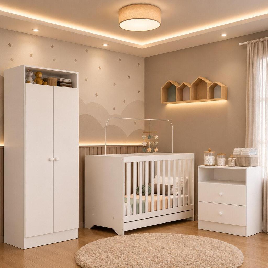 Quarto de Bebê Completo Berço 3 em 1 com Colchão/Guarda-roupa e Cômoda Encanto Multimóveis MP4846