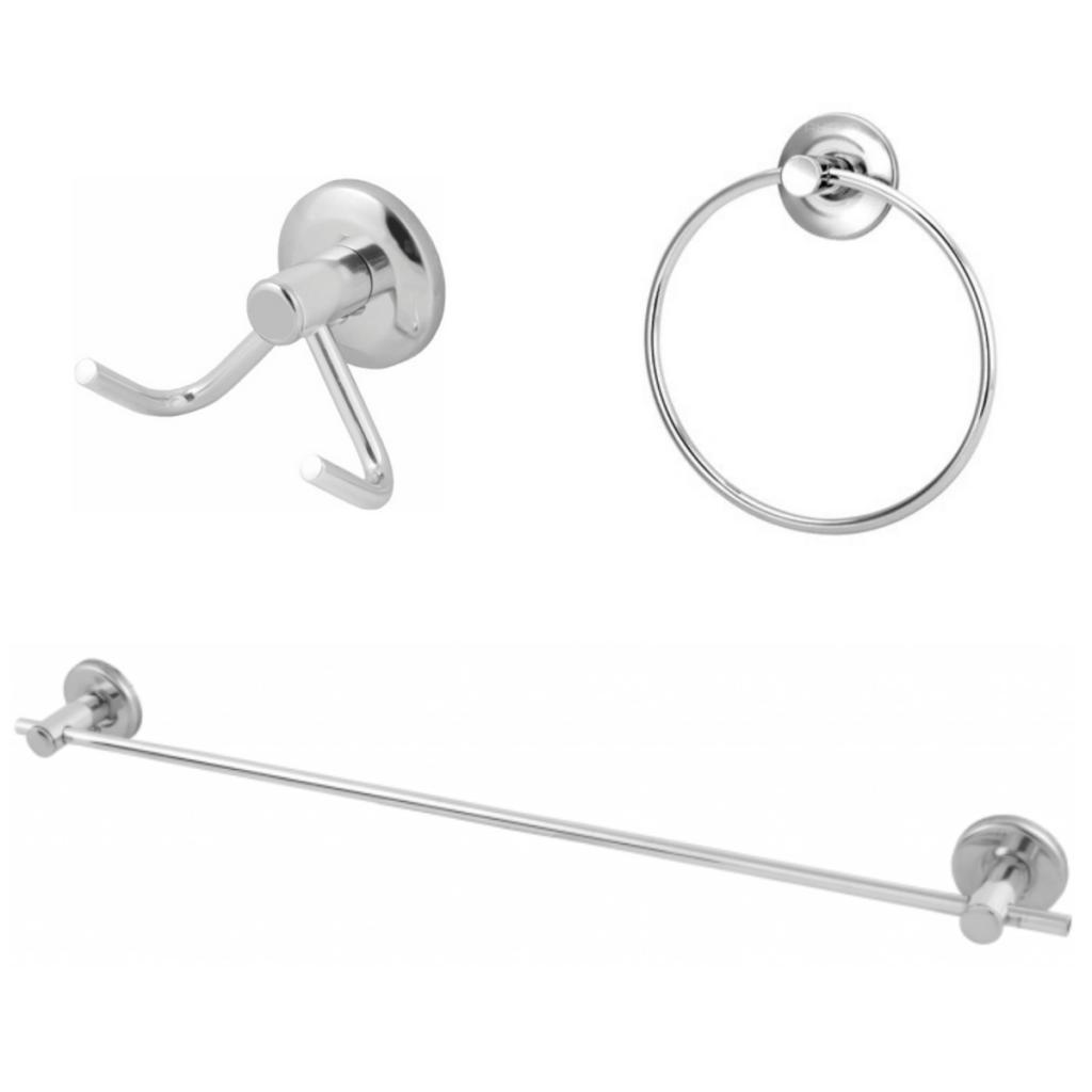 Kit 03 Peças Inox Acessórios Para Banheiro com Fixação Dupla - Cabide, Porta Toalha de Rosto e Banho