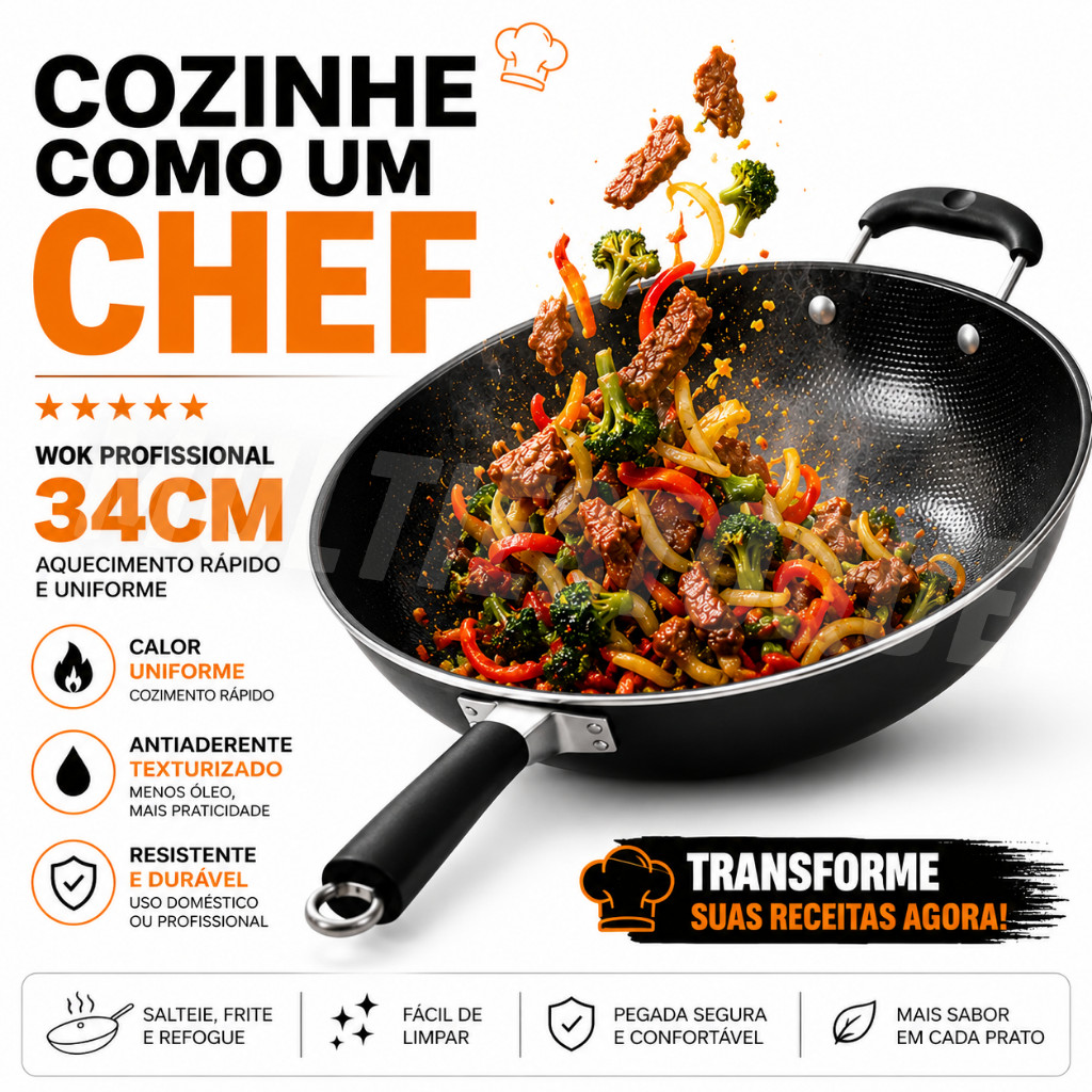 Imagem Frigideira Wok Profissional 34cm Antiaderente Preta Não Gruda
