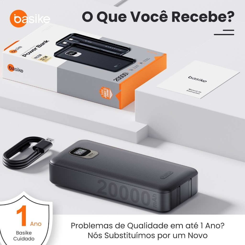 Carregador Portátil Basike 20000mAh Power Bank 22.5W Turbo Carga Rápida Cabo Embutido Tipo C/iPhone