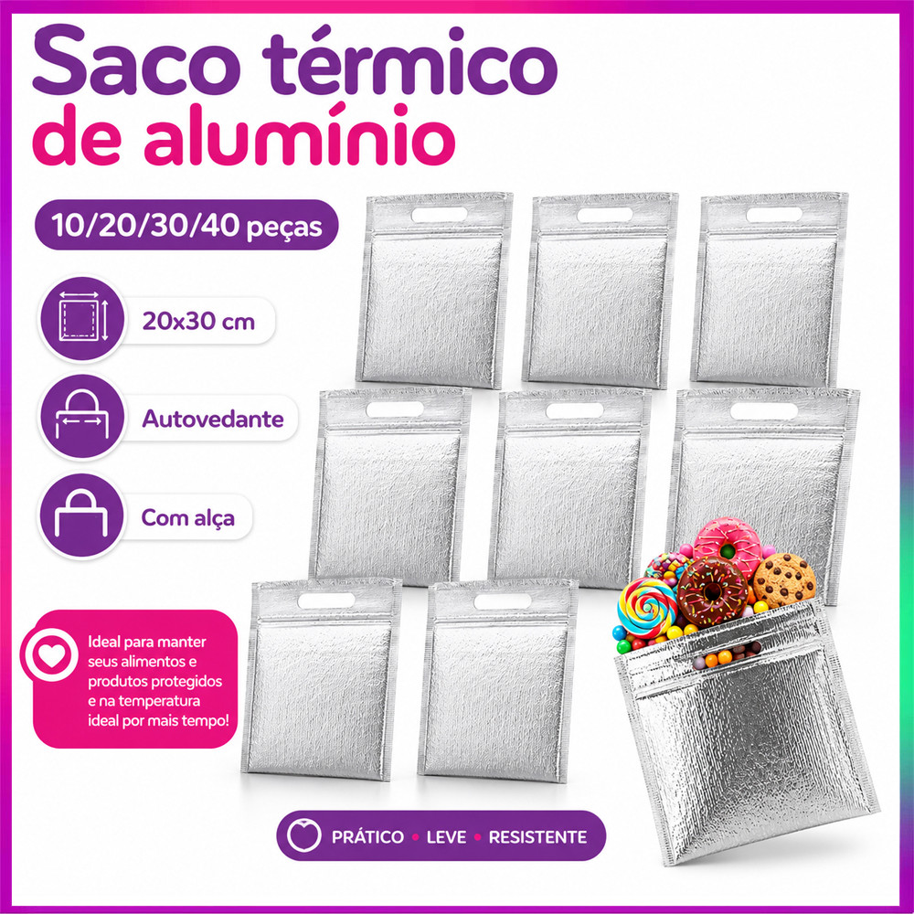 Bolsas Térmicas de Alumínio 10/20/30/40 Peças 20x30cm para Frio, Calor, Comida e Bebidas em Viagem