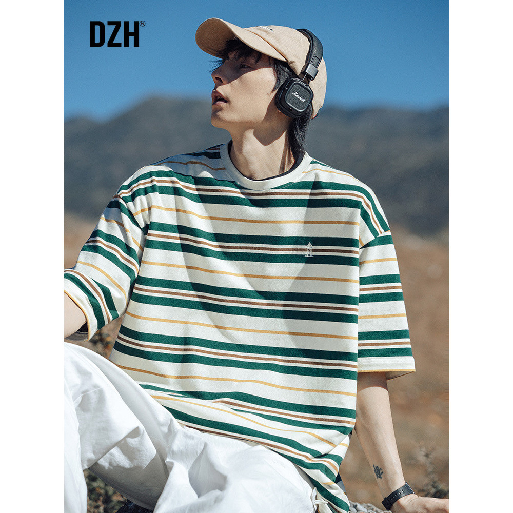 Camiseta listrada de cor contrastante masculina de manga curta roupa de rua roupas de verão roupas masculinas 2026 nova