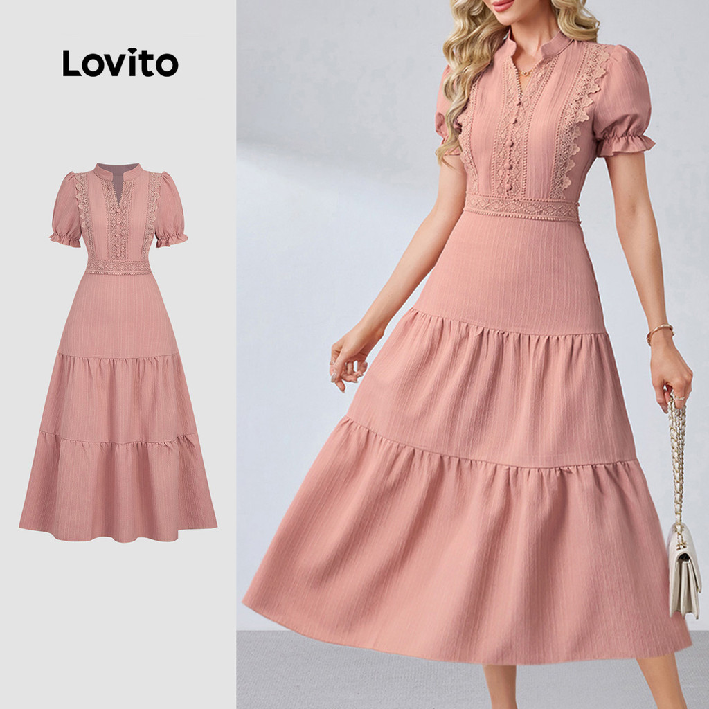 Lovito Vestido Midi Rosa Elegante Com Mangas Bufantes Decote Em V Com Recorte Zí