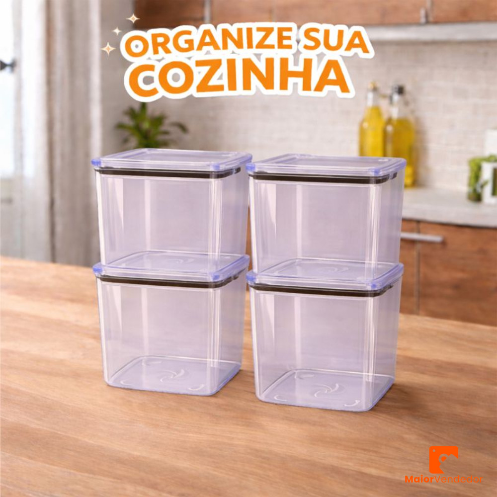 Kit 4 Potes Herméticos 1,1 Litro Acrílico Transparente Vedação Silicone Organizador de Alimentos