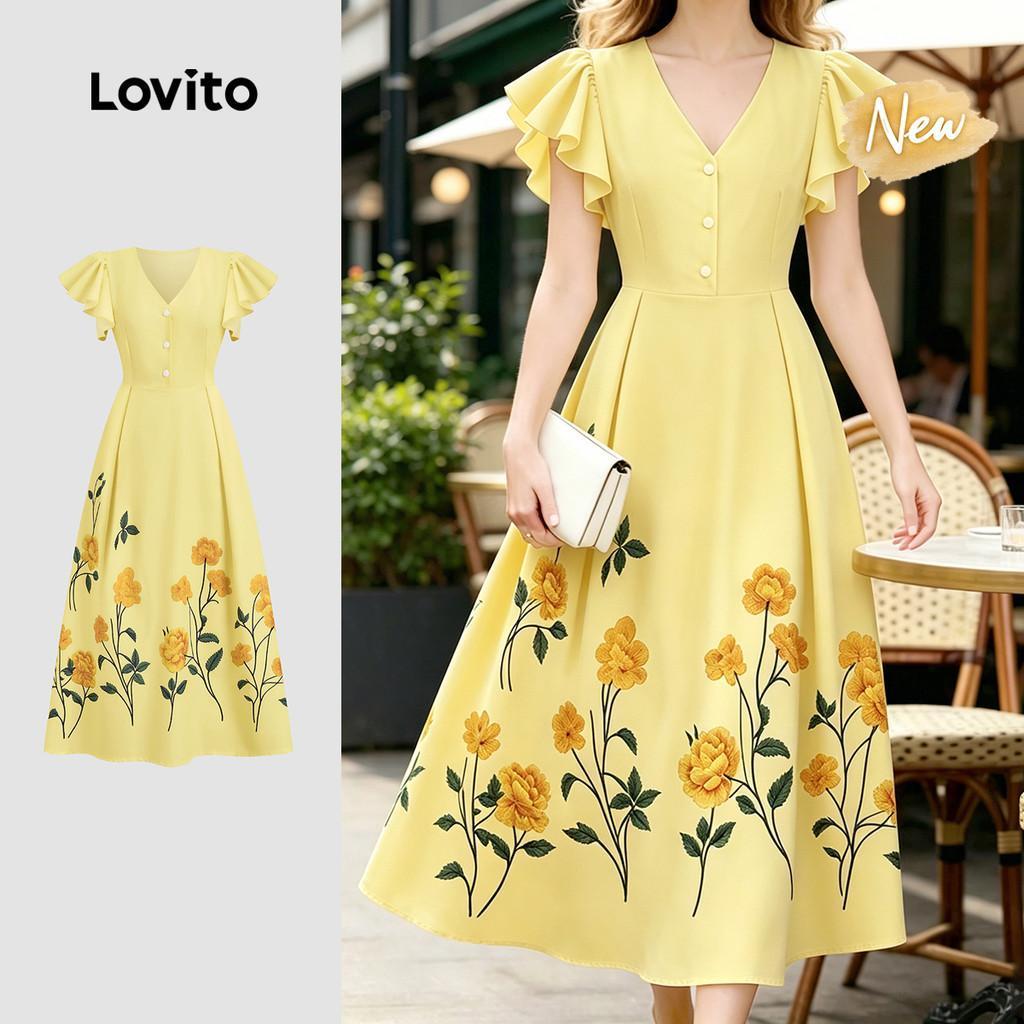 (New Arrival) Lovito Padrão de Vestido Boho Botão Babado Primavera/verão Vestido