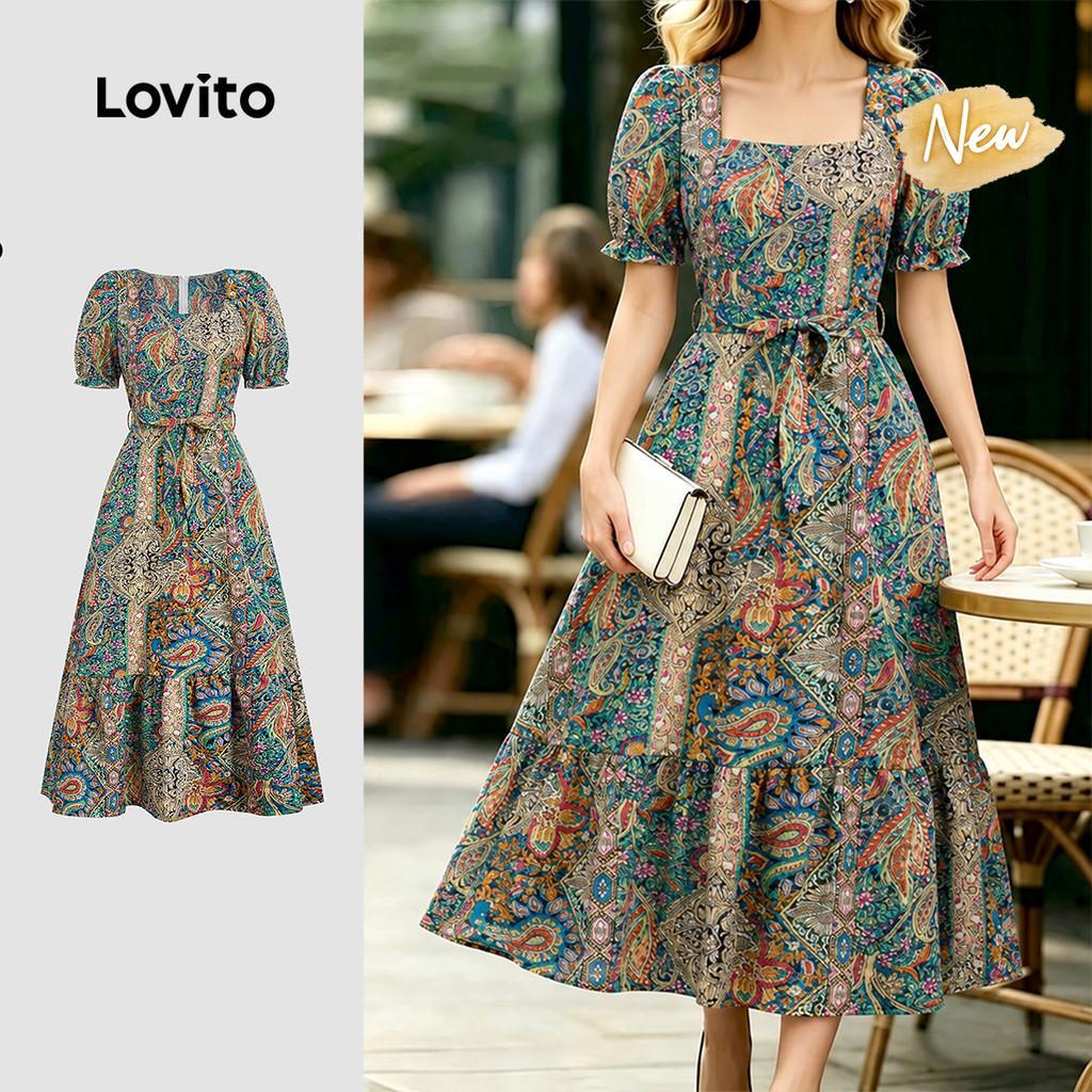 (New Arrival) Lovito Vestido Boho com Cinto Modelo de Vestido de Primavera/verão