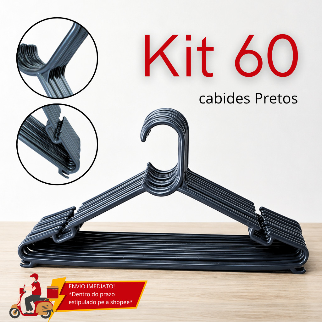 Kit 60 Cabides Redondos Preto Adulto