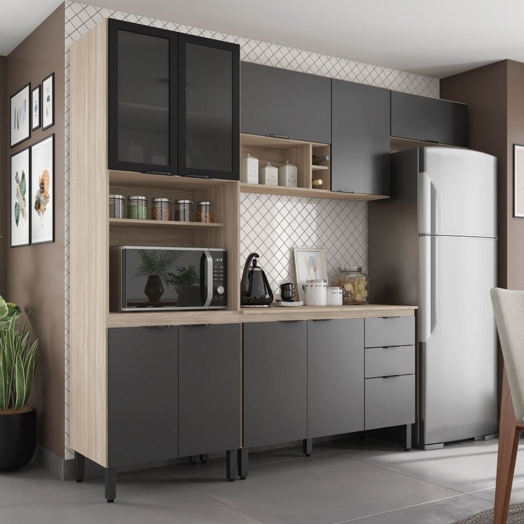 Cozinha Completa Modulada Firenze 04 Peças 10 Portas e 02 Gavetas Cinza/Avena Touch/Grafito