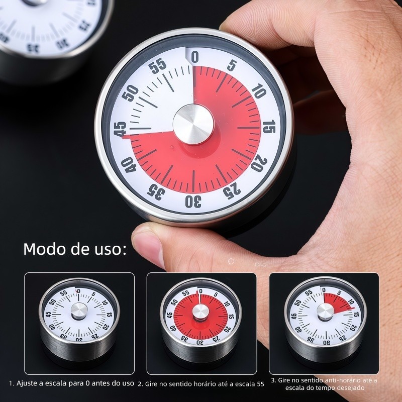 Timer de Cozinha Magnético, Temporizador em Aço Inoxidável com Ímã, Ideal para Cozinha e Estudos