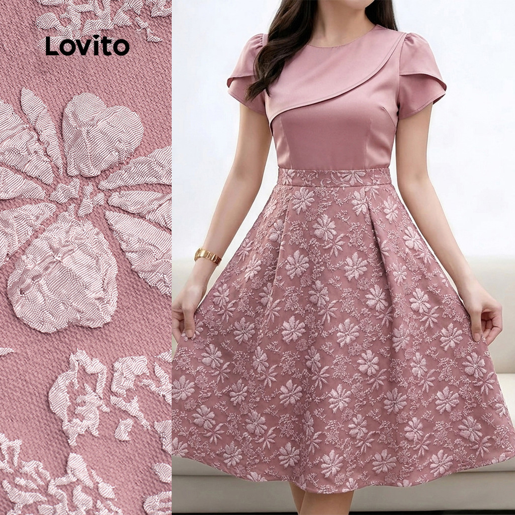 (New Arrival) Lovito Vestido Curto Rosa Elegante Em Jacquard Com Decote Redondo 