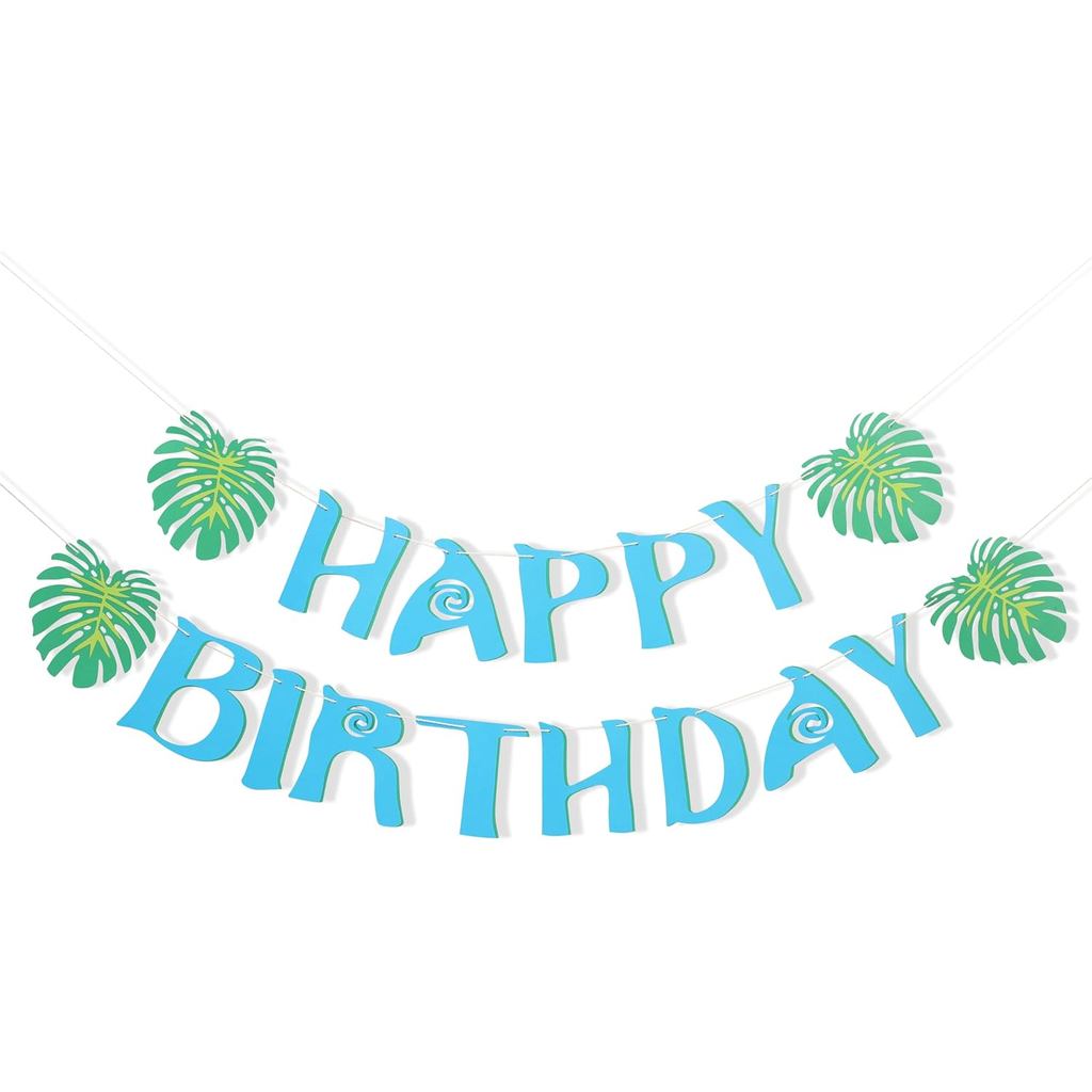 Faixa de Feliz Aniversário com Folhas de Palmeira - Decorações para Festa de Aniversário Tropical, Faixa Azul com Folhas