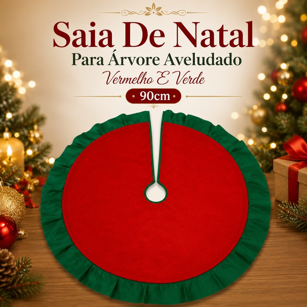 Saia De Natal Para Árvore Aveludada Vermelho E Verde 90cm Decoração Natalina