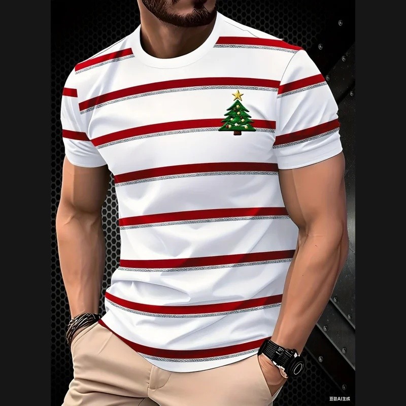 Camiseta Masculina Listra De Natal Impressão 3D Topo Masculino Na Moda Versátil Manga Curta O-Pescoço Roupas Masculinas