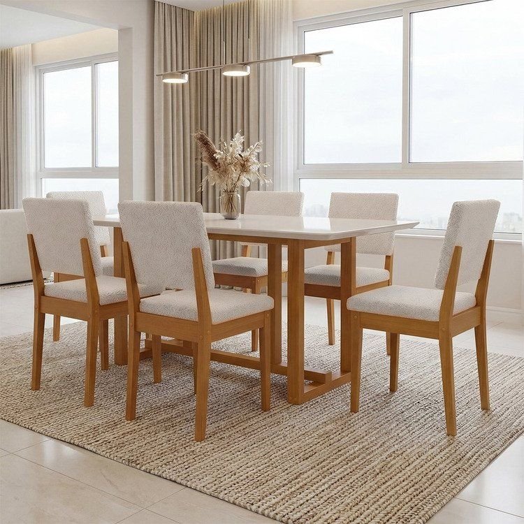 Conjunto Sala de Jantar 6 Cadeiras Tampo de Vidro Filadélfia Natural Cerejeira/Off White/Cinza Cerejeira/Off