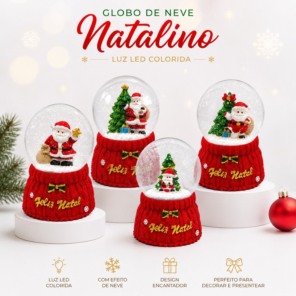 Globo De Neve Enfeite De Natal 9cm Com Luz Colorida Decoração Natalina