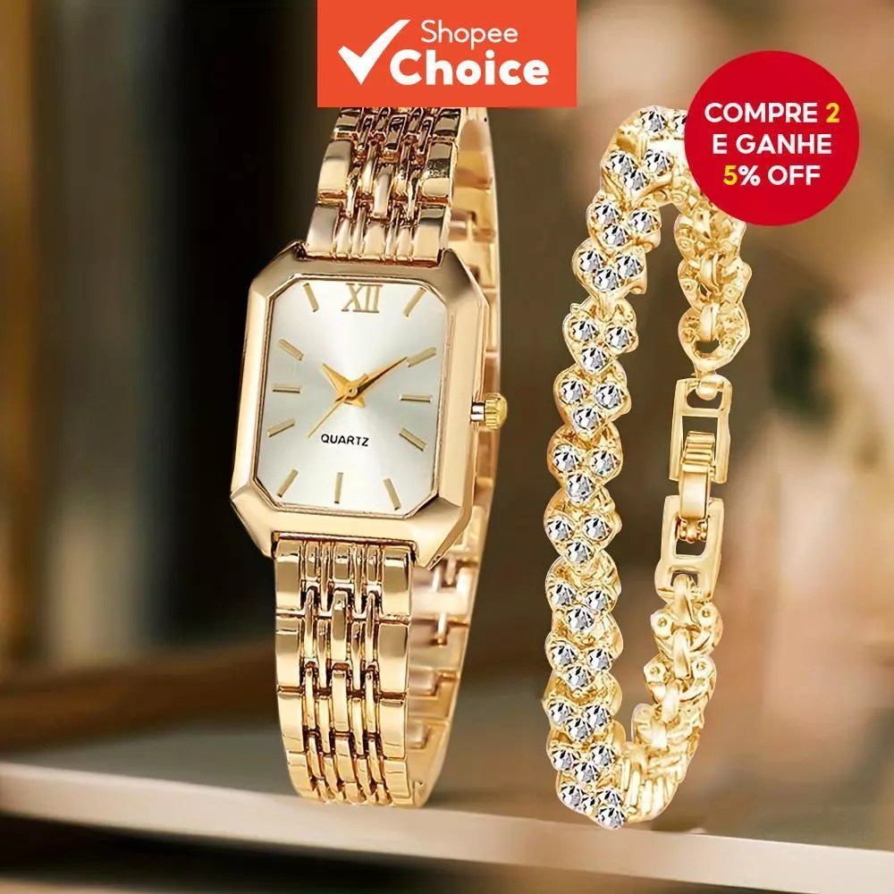 2 Pçs Feminino Retângulo Relógio De Quartzo Pulseira Conjunto Strass Moda Jóias Presente Elegante — imagem 1