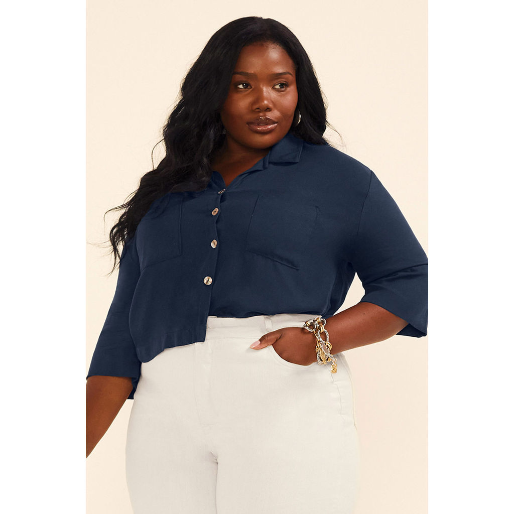 Camisa Feminina Mangas 3/4 Com Bolsos Marialícia Azul