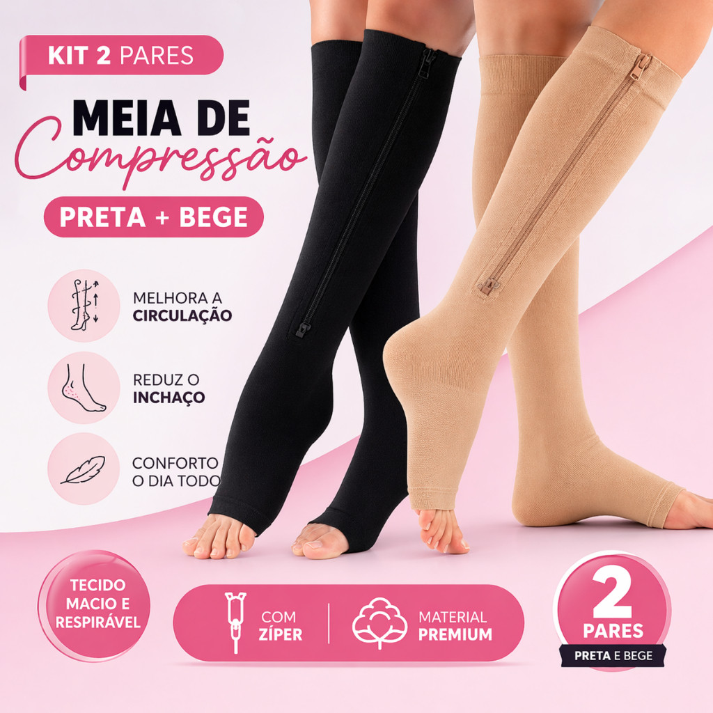 Kit 2 Pares de Meias de Compressão 3/4 Circulação Varizes Inchaço Pernas Cansada Edema Ortopédica Trombose Unissex