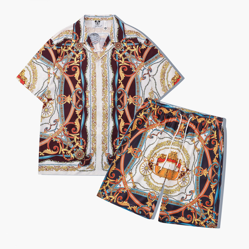 [Novo produto] Marca de rua masculina juventude Casual Retro palácio padrão impressão Digital conjunto de camisa solta d