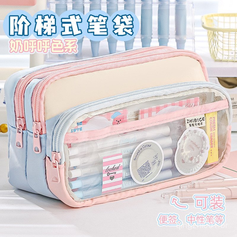 Estojo de lápis com blocos de cor, bolsa de papelaria transparente de grande capacidade, bolsa de papelaria criativa e m
