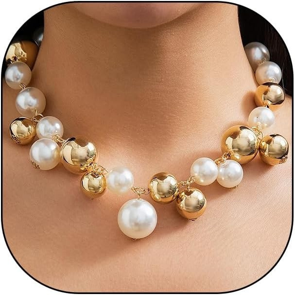 Colar de Pérolas Grossas para Mulheres, Gargantilha de Pérolas Grandes, Colar de Pérolas Ajustável, Colar XGD6