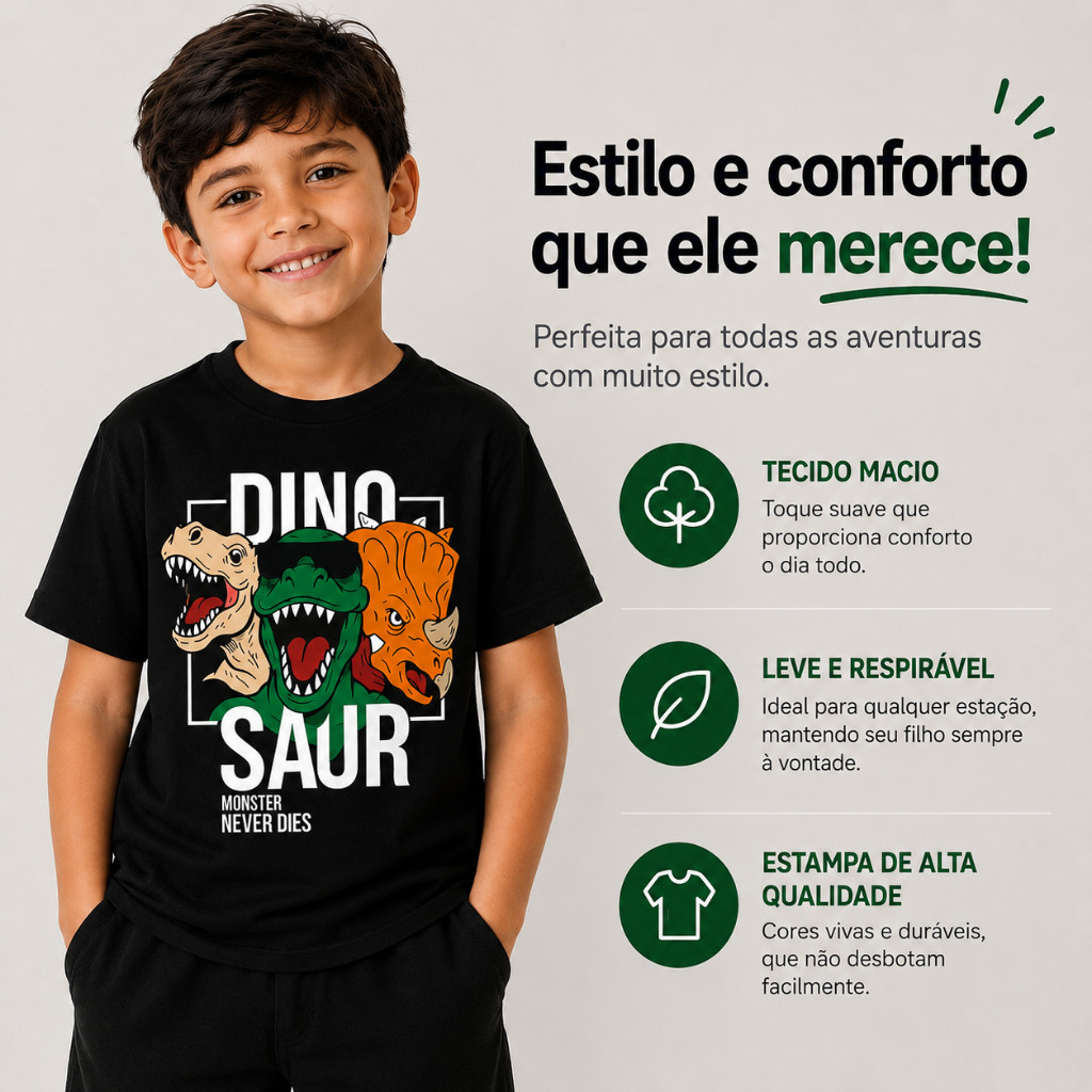 Camiseta Infantil Dinossauro Menino Manga Curta 100% Algodão Estampa Dino Blusa Infantil Masculina