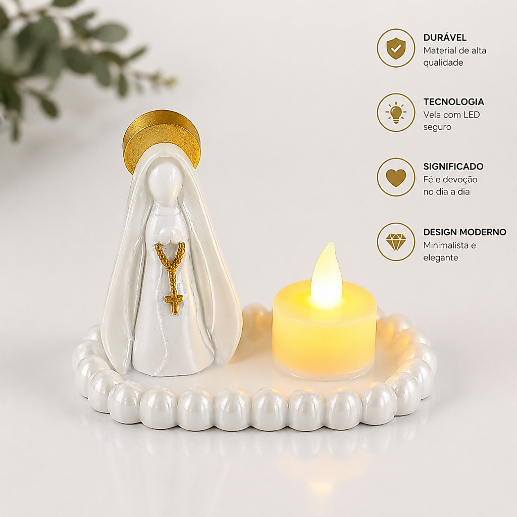 Kit Nossa Senhora com Vela LED + Bandeja Estilo Terço – Mini Altar Decorativo Religioso | Imagem Católica para Lar