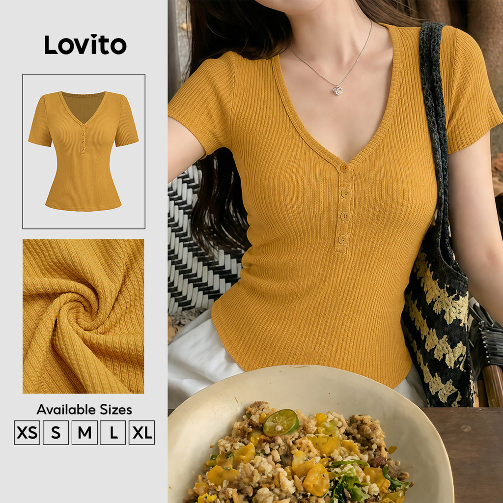 (New Arrival) Lovito Camiseta Feminina Casual de Manga Curta Gola V Jacquard Botões Primavera/verão Cúrcuma】 TSB202P2D479