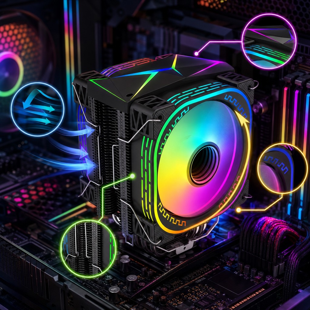 Cooler para Processador Intel AMD LED RGB Dual Fan 6 Heat Pipes 200W 120mm Ventoinha LGA1700 AM4 Aitek DELTA-C622