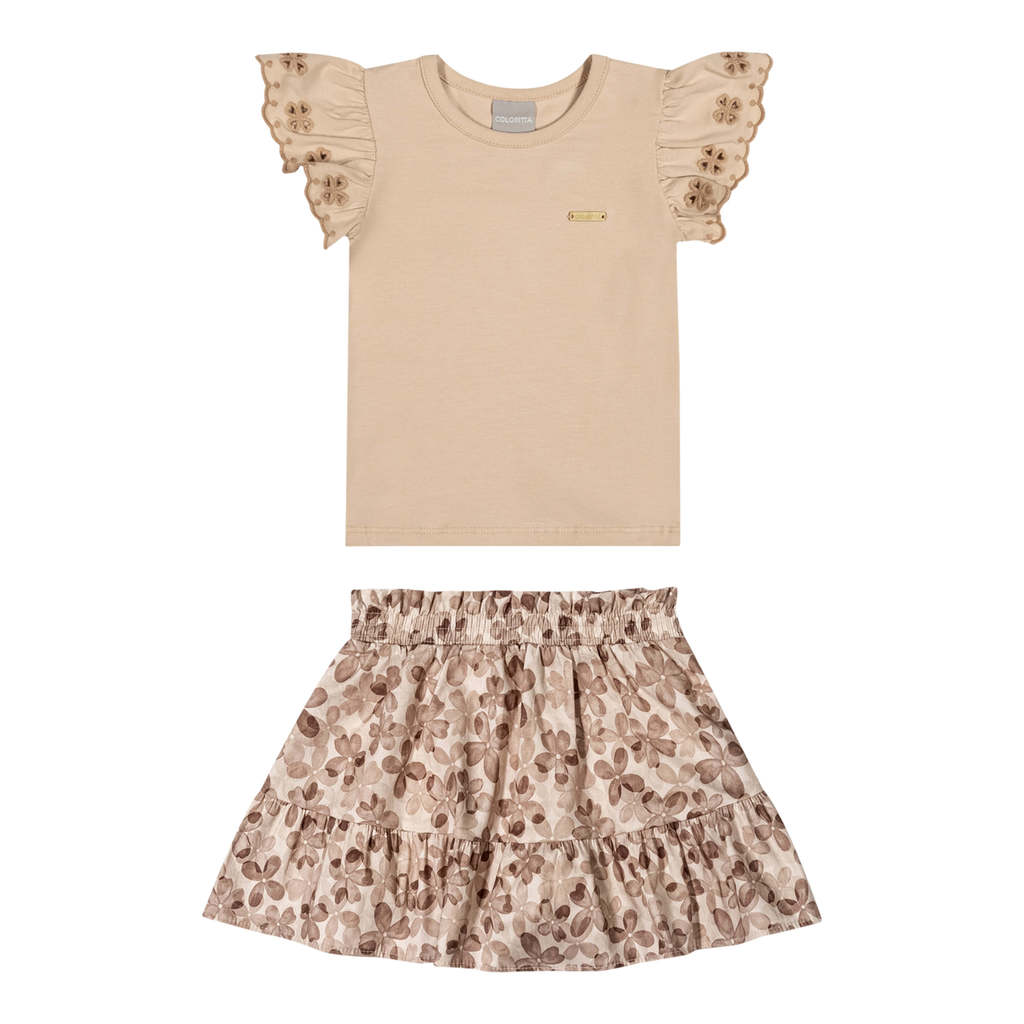 Conjunto Infantil Menina Floral Bordado Colorittá Marrom