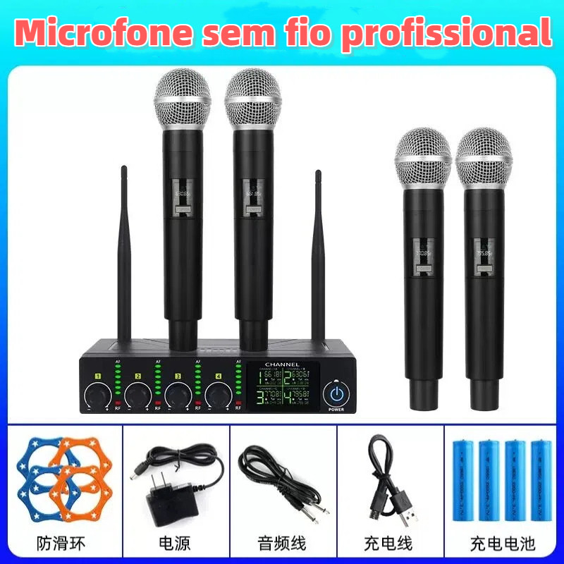 Microfones Sem Fio  Com 4 microfone KTV, palco, conferência, karaokê em casa microfone profissional 4 canais Byz-D 69